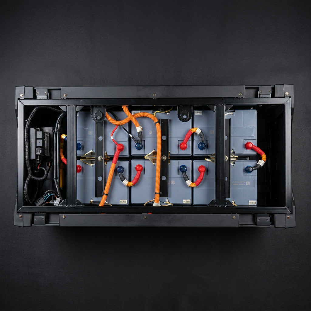 Open battery compartment of Vitacci Rover showing four blue lead acid batteries