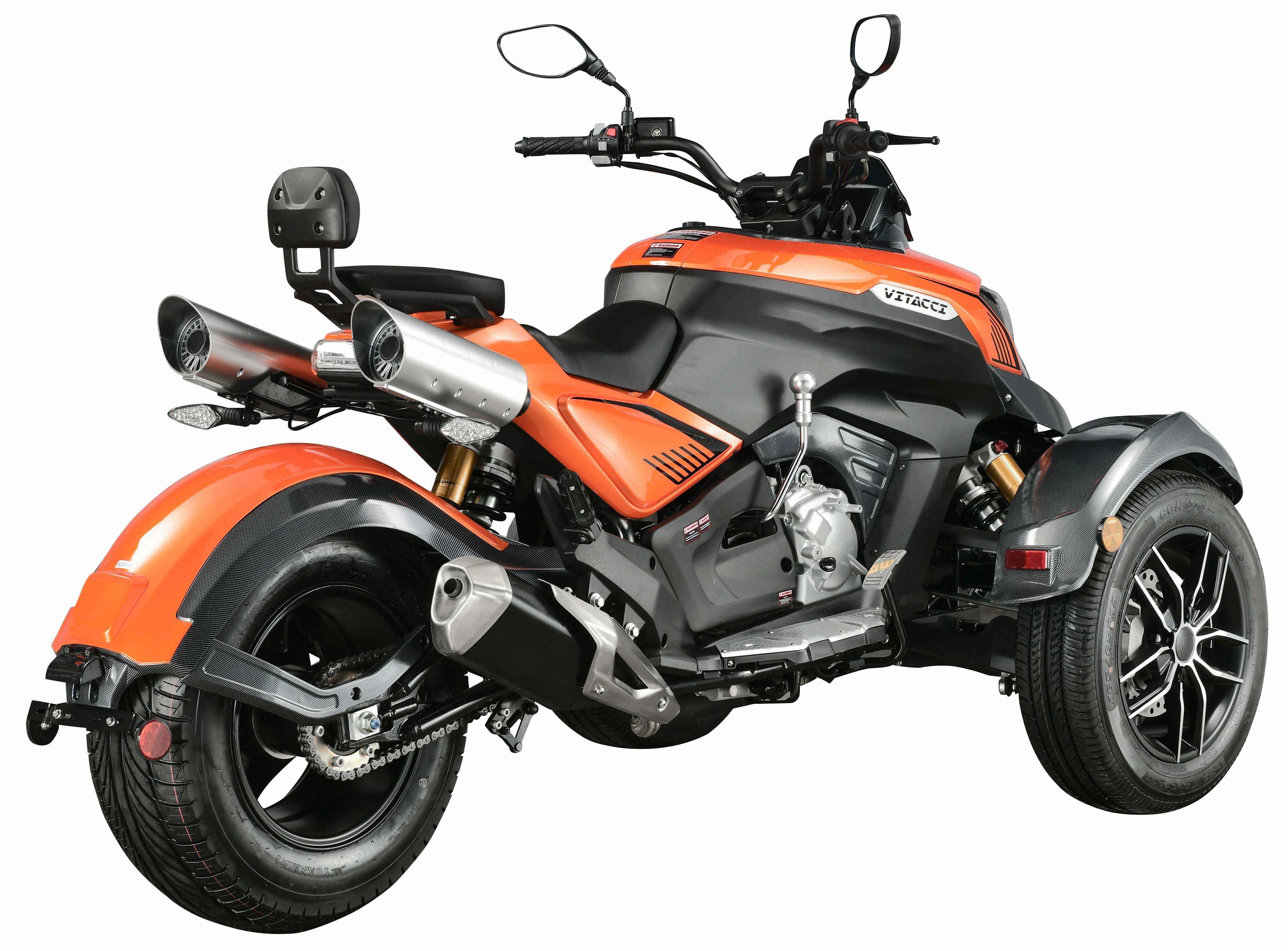 An orange and black SX 300cc EFI Trike with a sleek design, featuring a single exhaust system, rearview mirrors, and a spacious seat.