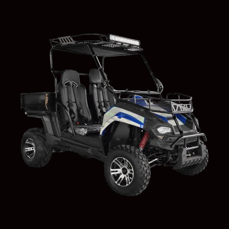 Black TrailMaster Challenger 200EUX UTV against dark background with red shocks