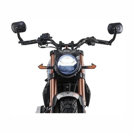 Round LED headlight and copper forks on Lifan KPM200 street bike front view