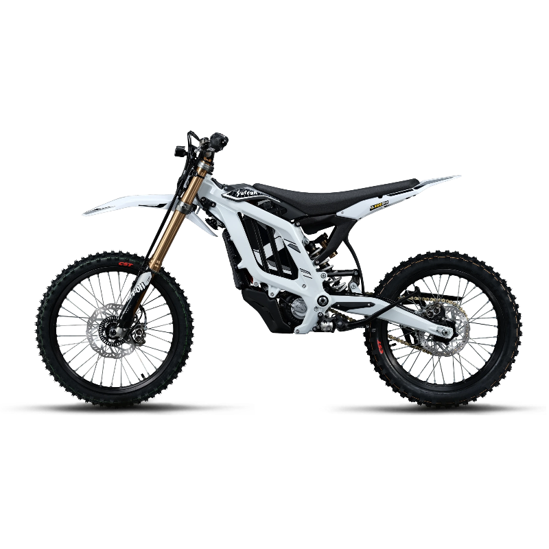 White Surron Light Bee 2 X electric dirt bike with black accents and gold forks