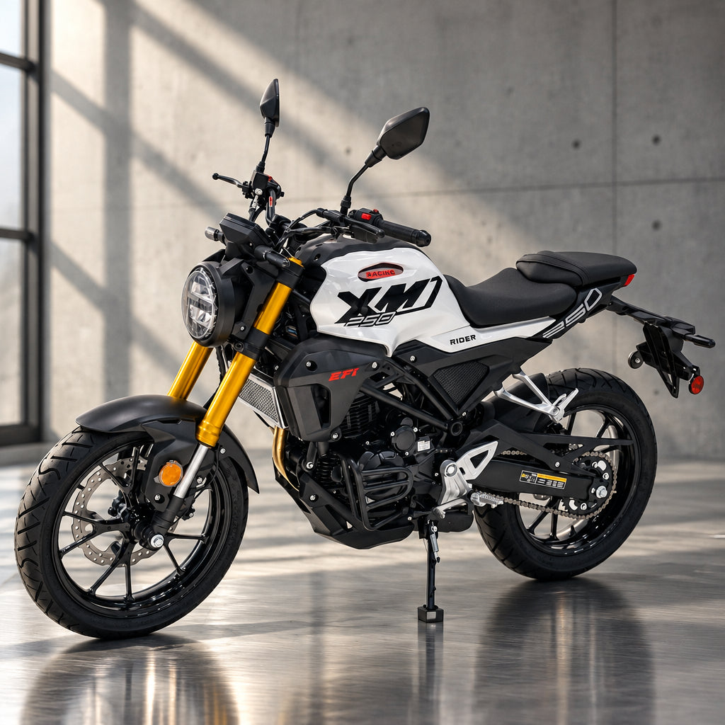 White XMT EFI 250cc motorcycle side view 