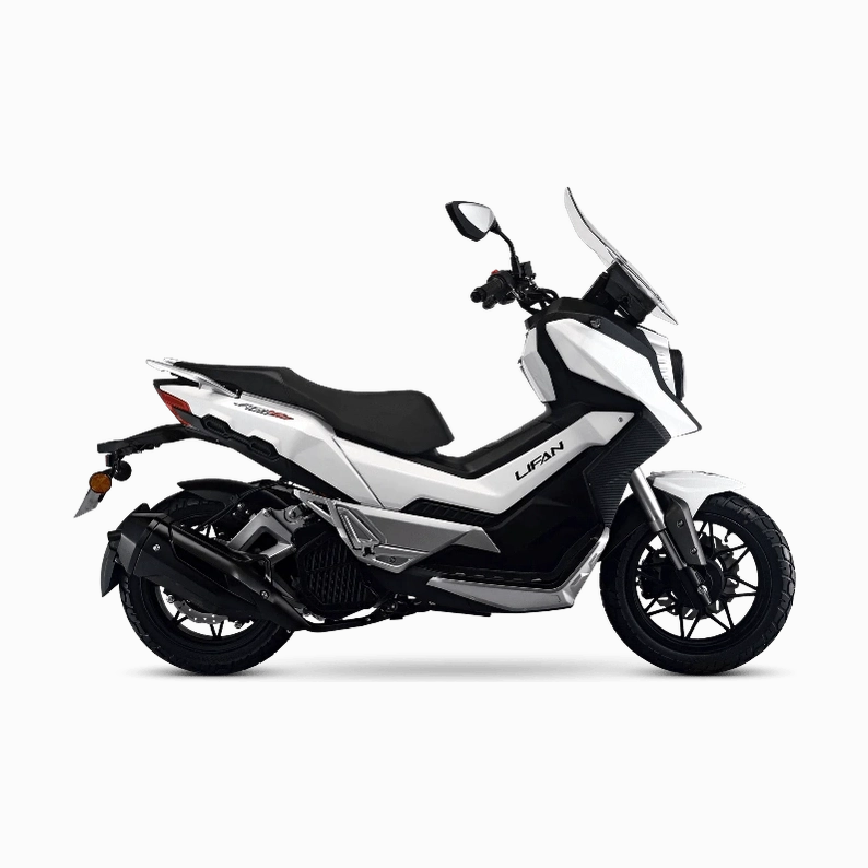 White Lifan KPV 150 ADV gas scooter with clear windscreen and silver engine guards