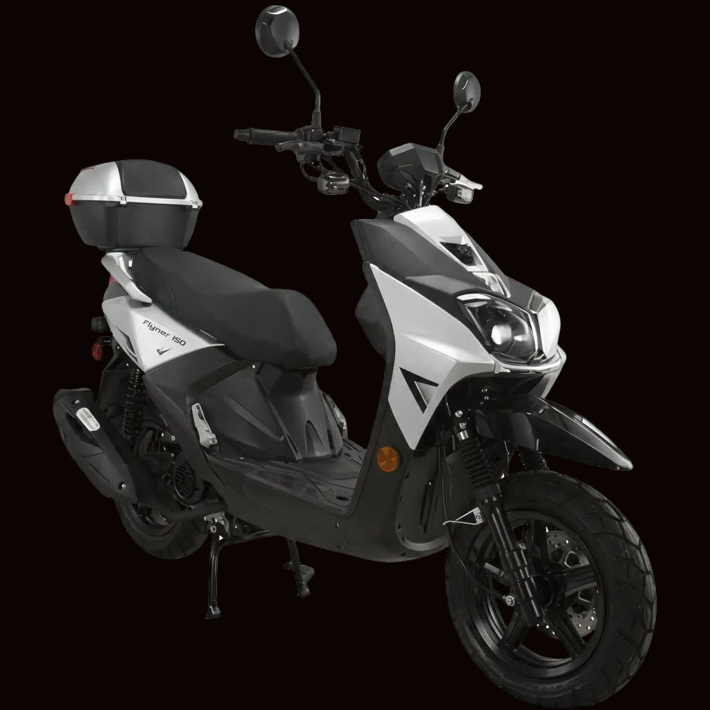 White and black Ranger 150cc scooter three-quarter view on black background