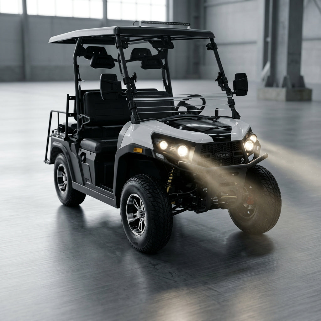 White and black Vitacci Rover 4-seat electric golf cart with roof-mounted LED light bar