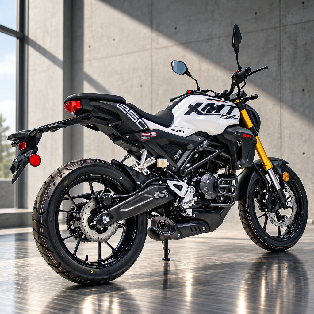 White and black XMT EFI 250cc Cafe Racer motorcycle side rear view with yellow forks