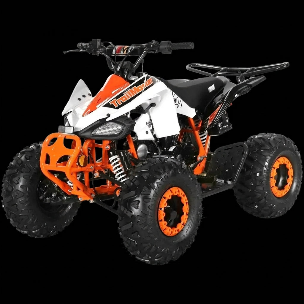 White and orange TrailMaster Sport Series 125cc ATV with off-road tires