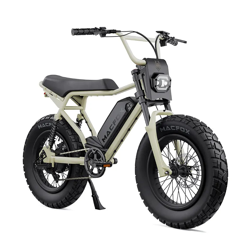 Beige Macfox X2 Pro full-suspension electric bicycle featuring thick fat tires and long-range battery