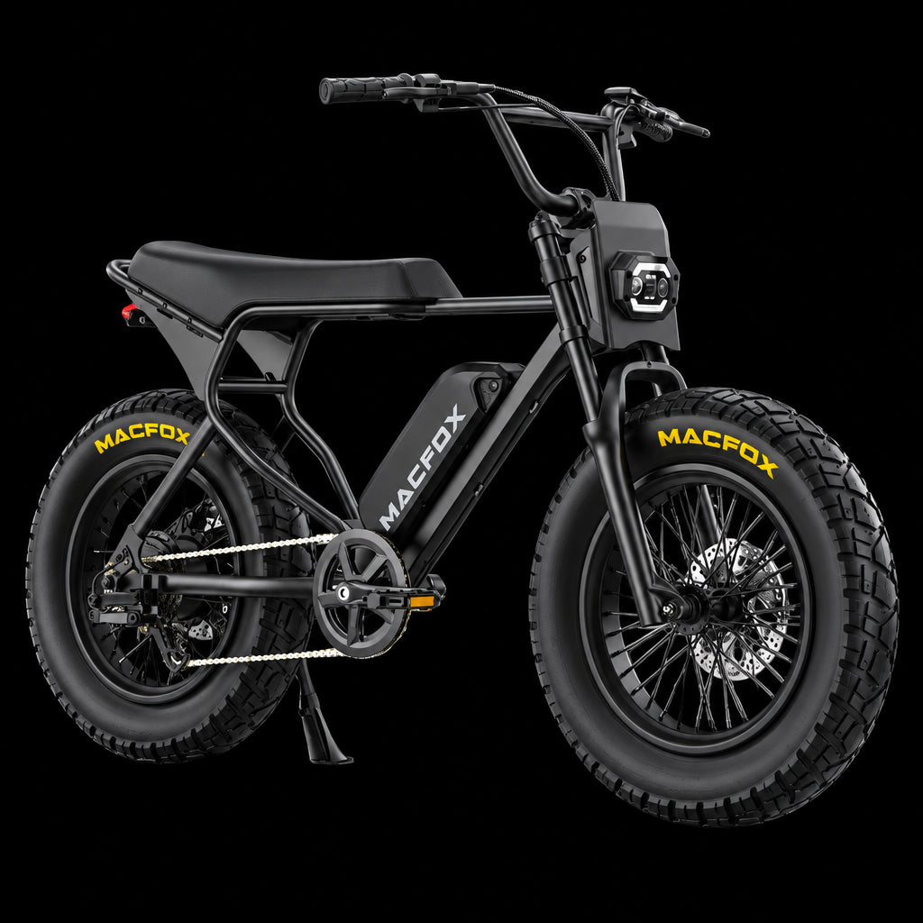 Black MACFOX off-road electric bicycle with 20-inch fat tires and disc brakes