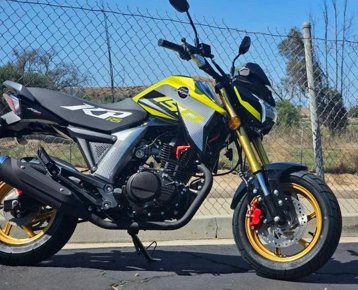 Yellow and black Lifan KP Mini 150cc street bike front view with gold forks and red caliper