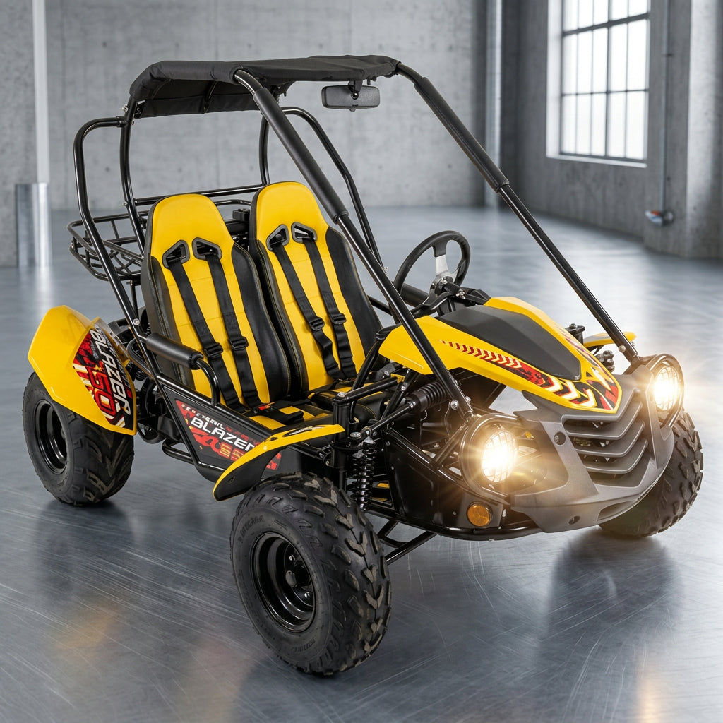 Yellow and black TrailMaster Blazer i2K go kart with roll cage and bucket seats indoors