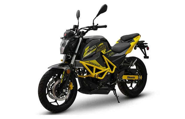 Yellow and black Vitacci Matias 250cc motorcycle  with sporty design and visible suspension