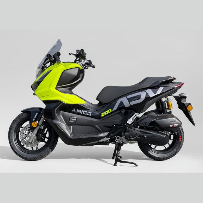 Lime green Amigo ADV 200 scooter side profile with yellow spring suspension