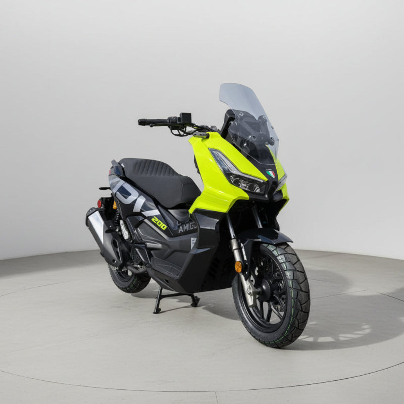 Lime green Amigo ADV 200 scooter front three-quarter view on center stand