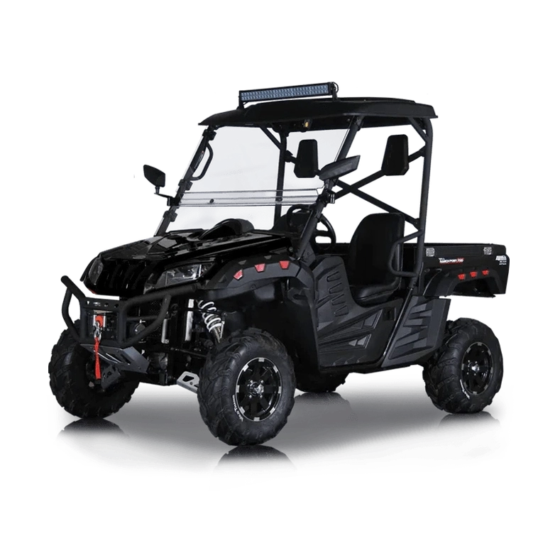 Black BMS Ranch Pony 700 EFI 4x4 utility vehicle with LED light bar and winch