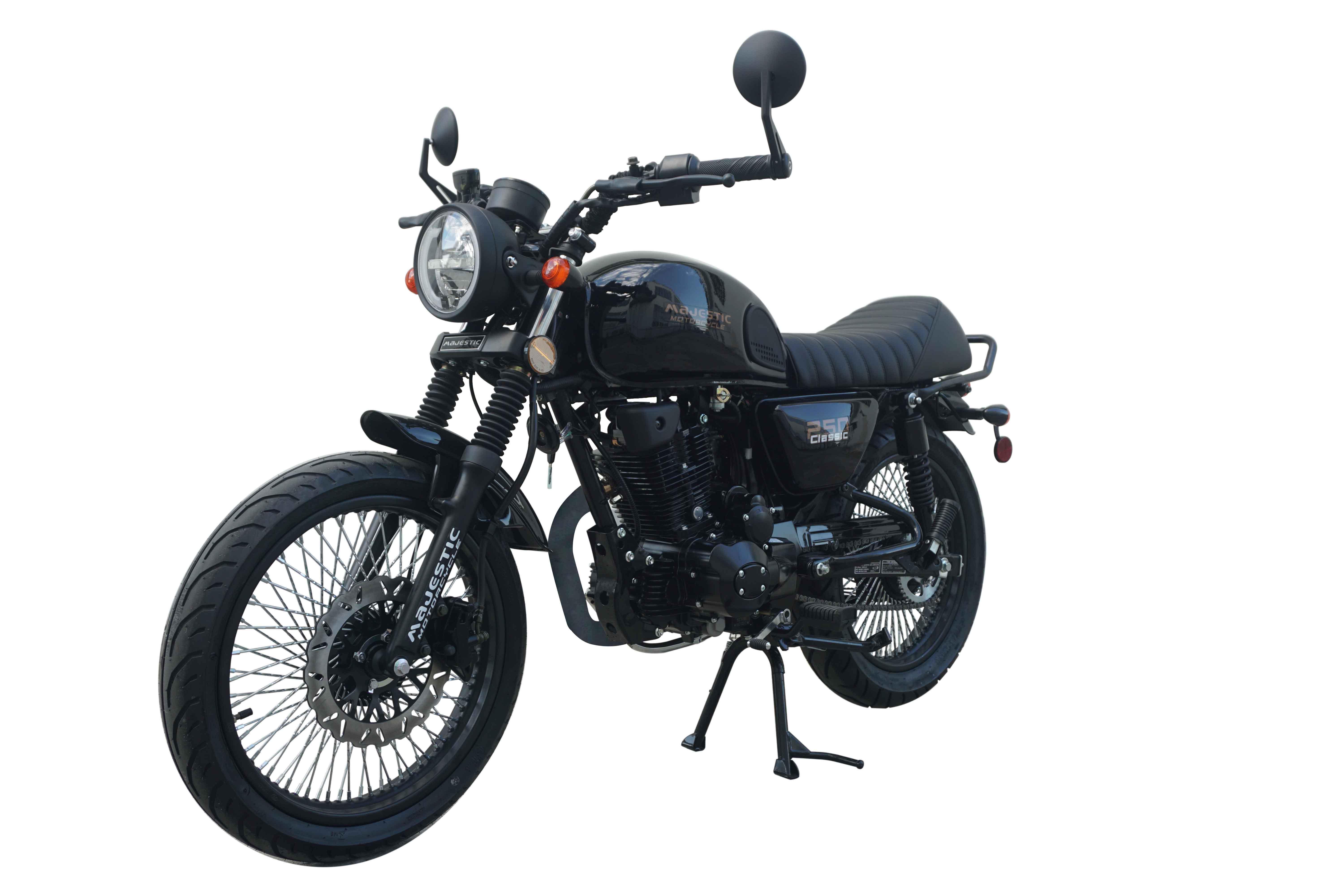 Black Majestic 250 Classic motorcycle with spoked wheels and retro styling