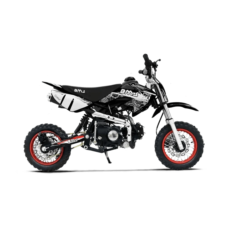 Black BMS PRO 70 mini dirt bike featuring red rims and chrome exhaust
