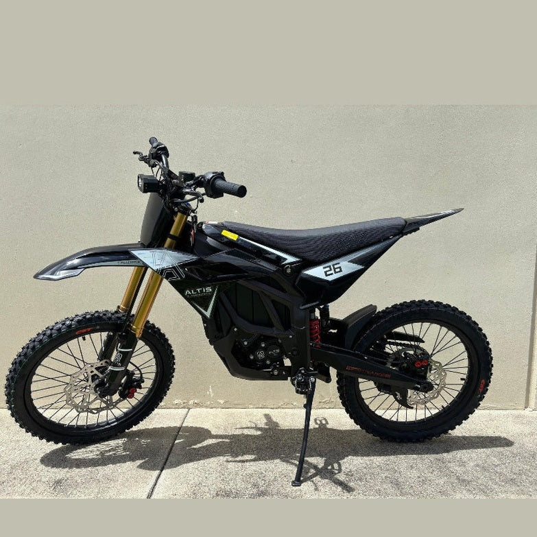 side profile of black Atlis Sigma off-road electric dirt bike with gold forks