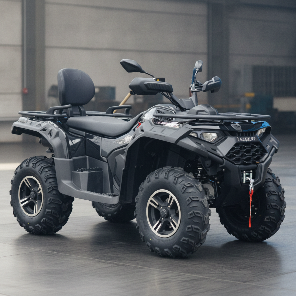 A black Loncin 550L XWOLF EFI four wheel  full-size side-by-side ATV with large off-road tires, a front bull bar, and a rear cargo bed, photographed in a spacious indoor showroom.