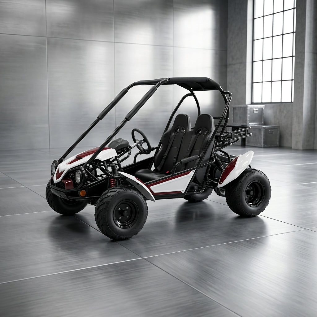Side profile of black TrailMaster Blazer i2K electric go kart with exposed engine components
