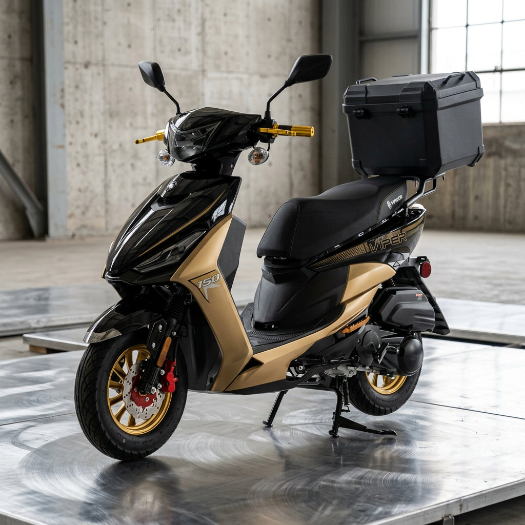 Black Vitacci Viper 150cc scooter with red accents and rear storage rack