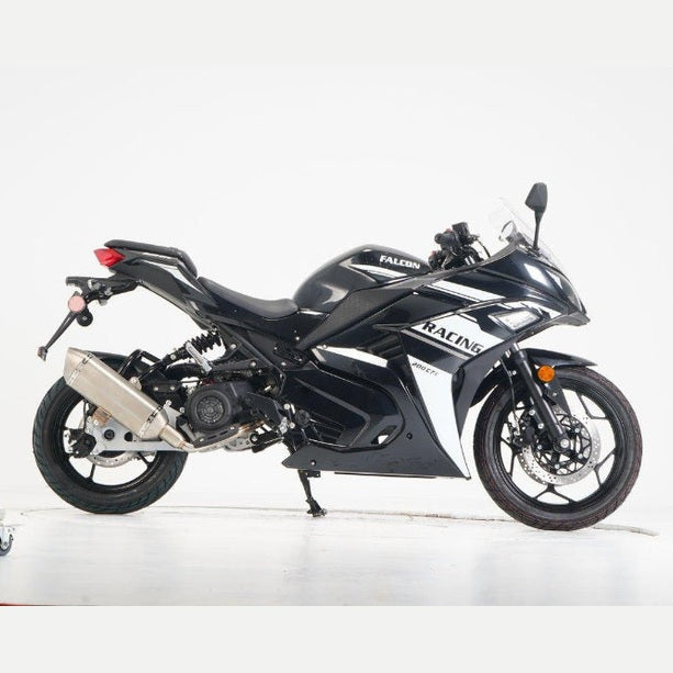 Black and white Vitacci Falcon 200cc EFI motorcycle side profile with racing decals