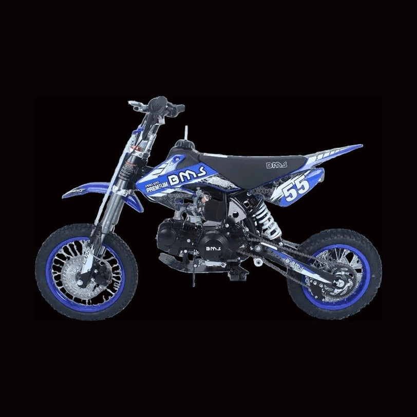 Blue BMS PRO 125cc manual dirt bike with alloy rims and hydraulic disc brakes