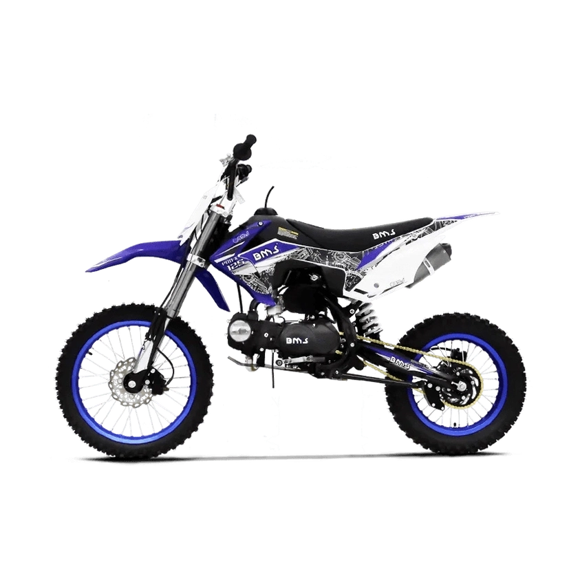 Blue BMS PRO-X 125 manual dirt bike side profile view