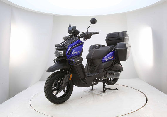 blue TANK 200 EFI PRODELUXE scooter on a white platform with a white background