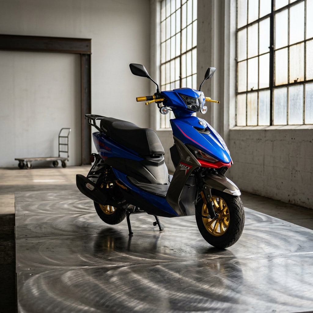 Blue Vitacci Viper 150cc scooter with gold rims and side profile