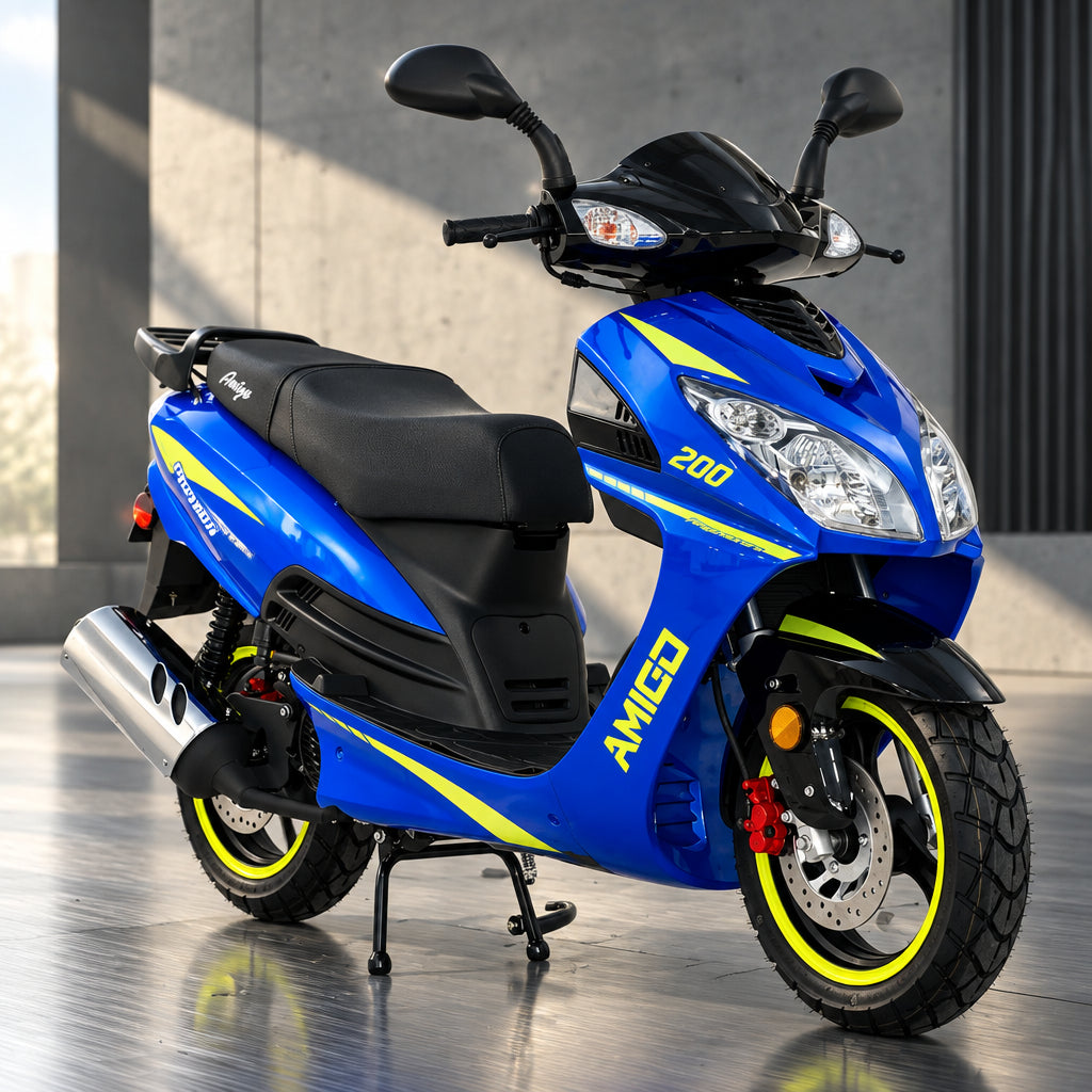 Blue Amigo Phenom 200cc scooter front view with yellow accents and mirrors