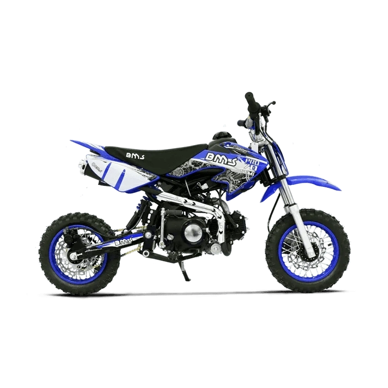 Blue BMS PRO 70 semi-auto dirt bike with knobby tires and electric start