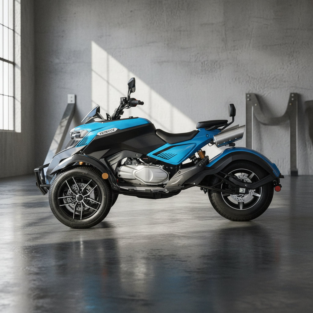 Blue Vitacci SX 300cc EFI trike side profile with exposed silver engine casing