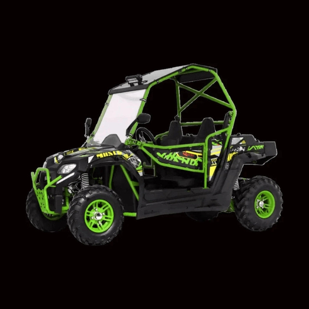 BMS Avenger 200 EFI UTV with lime green roll cage and black background
