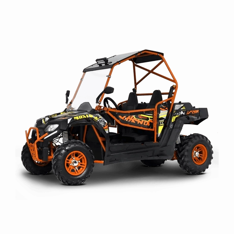 BMS Avenger 200 EFI UTV with orange roll cage and yellow details