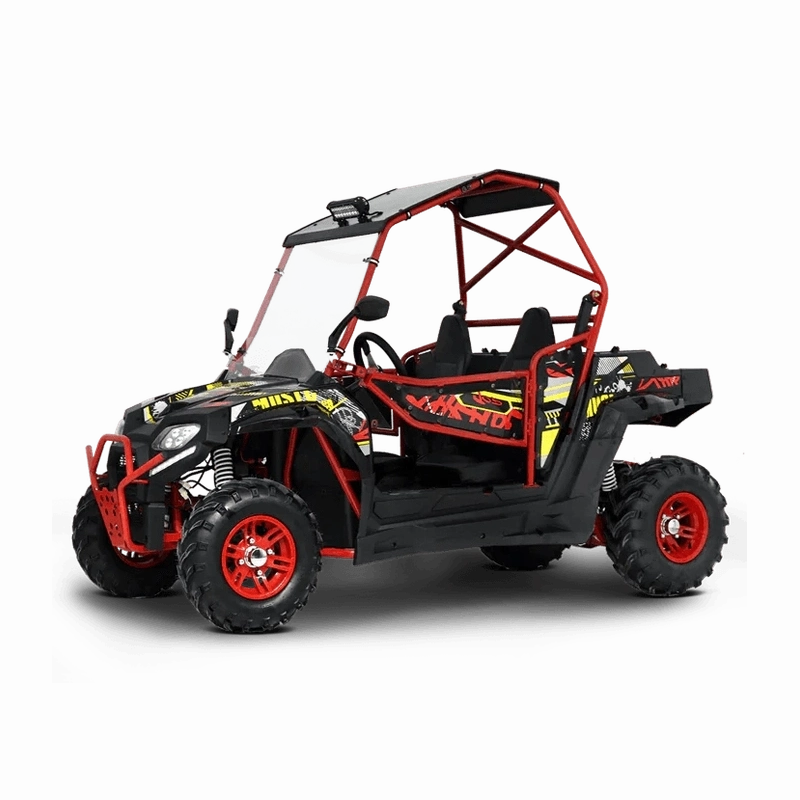 BMS Avenger 200 EFI UTV featuring red roll cage and white graphics