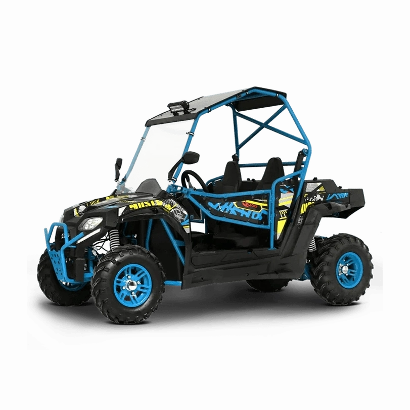 BMS Avenger 200 EFI UTV with blue roll cage and yellow decals