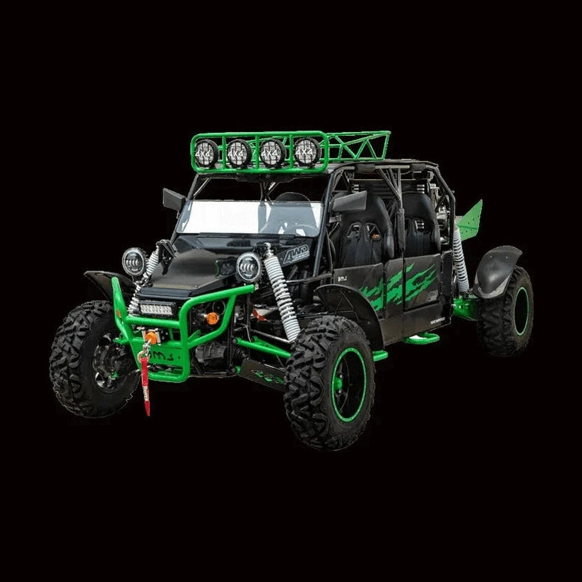 Black BMS Sniper T1000 4S UTV with green accents and auxiliary roof lights