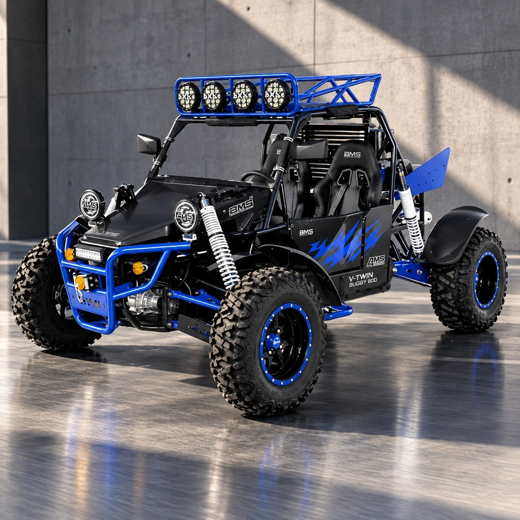 Black and blue BMS Sniper T1000 4x4 dune buggy with roof rack