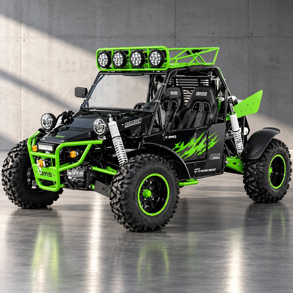 Lime green and black BMS V-Twin 800 off-road buggy with wing
