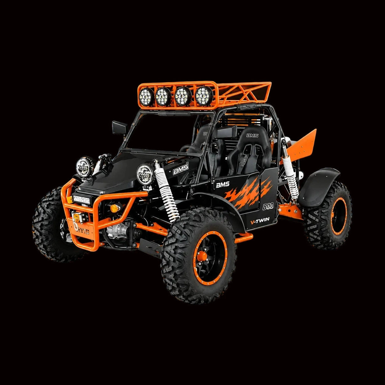 BMS SNIPER T1000 4x4 go kart in black with orange flame-style side graphics