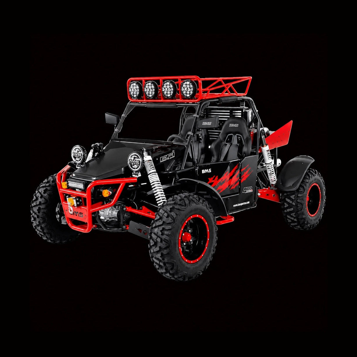 Red and black BMS EFI dune buggy featuring rear spoiler and graphics