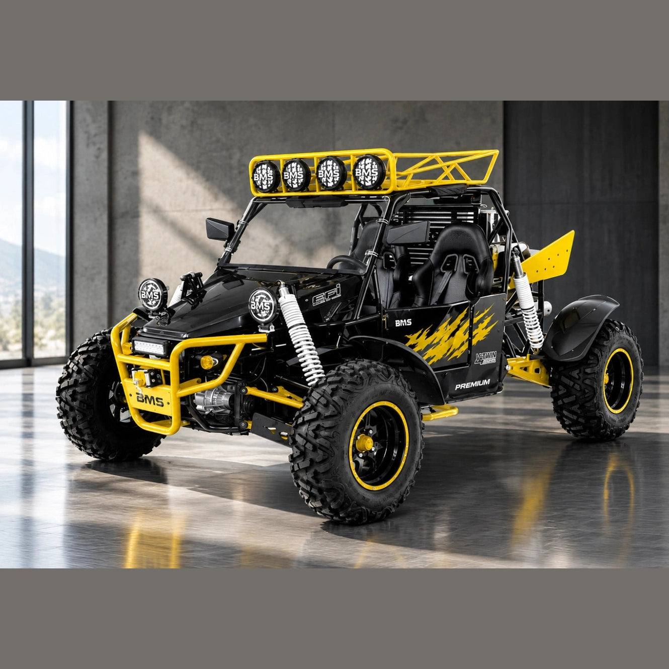 Yellow and black BMS Premium dune buggy with roll cage and lights