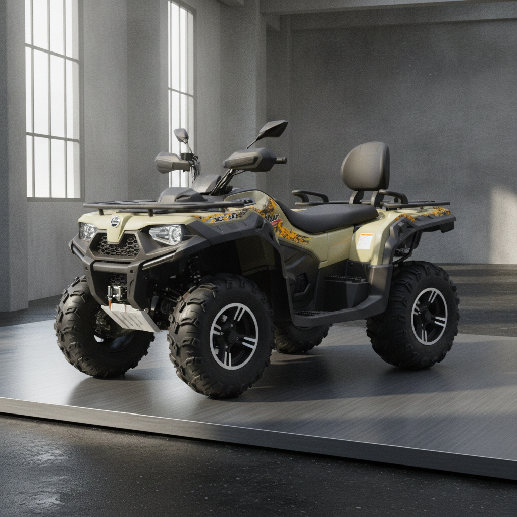 Beige Loncin XWolf 550L ATV front view with handguards, mirrors, and orange side decals