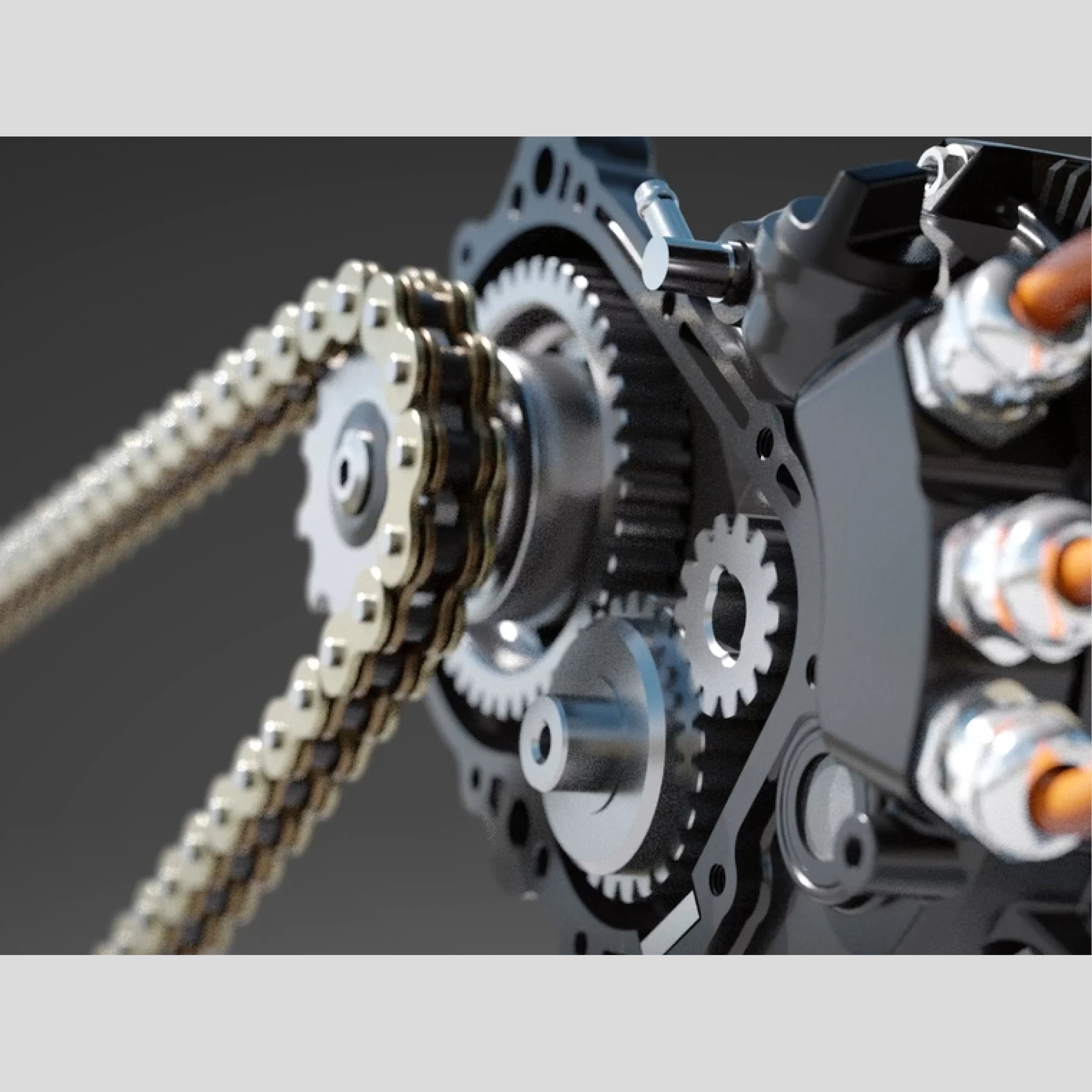 Macro view of Surron motor assembly with metallic gears and gold roller chain