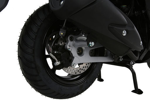 Close-up of tire for TANK 200 EFI PRO DELUXE scooter wheel and suspension on a white background