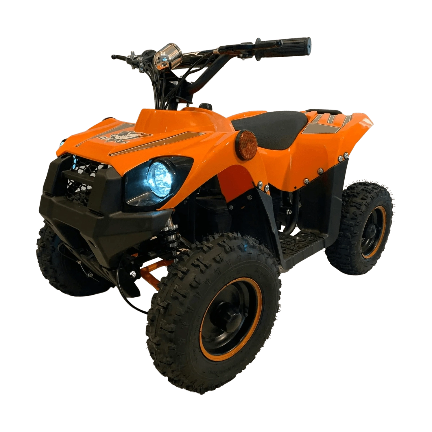 Studio shot of orange kids E-ATV with illuminated blue headlight and skull logo