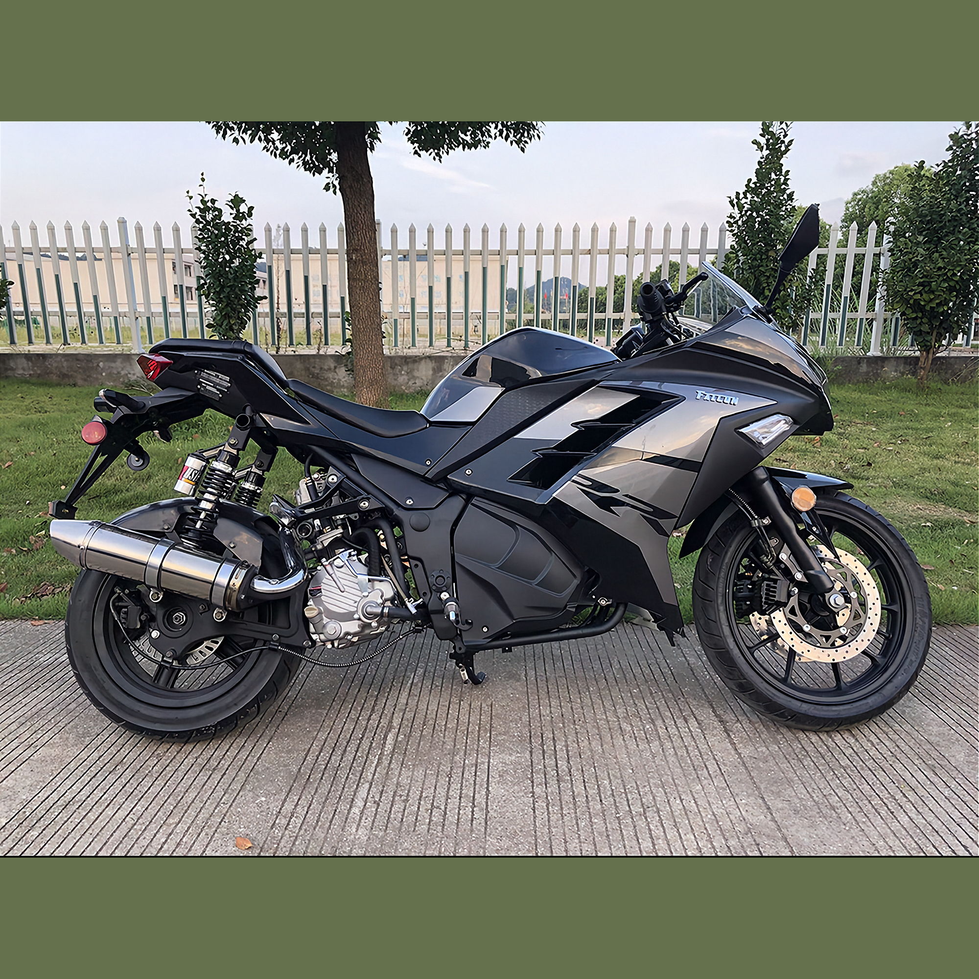 Black and gray Apollo Falcon 250 EFI scooter side view with tall windscreen