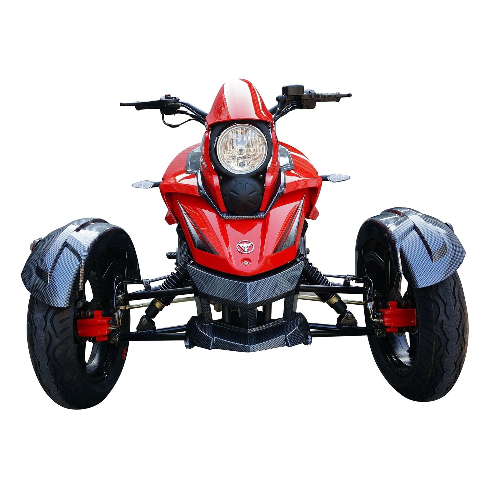 Red Cougar SX200 trike front view featuring round headlight and carbon-fiber skid plate