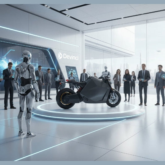 DAVINCI DC100 electric motorcycle on illuminated platform in high-tech showroom setting